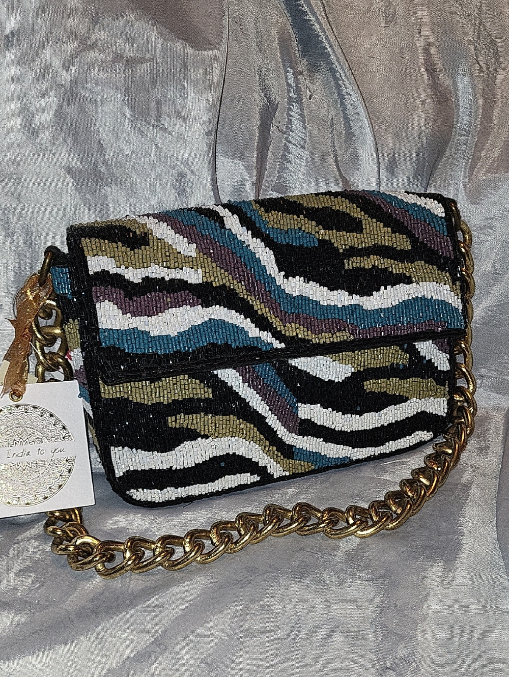 Beaded Zebra-Pattern Shoulder Bag in Black, White, Teal, Grape, Olive